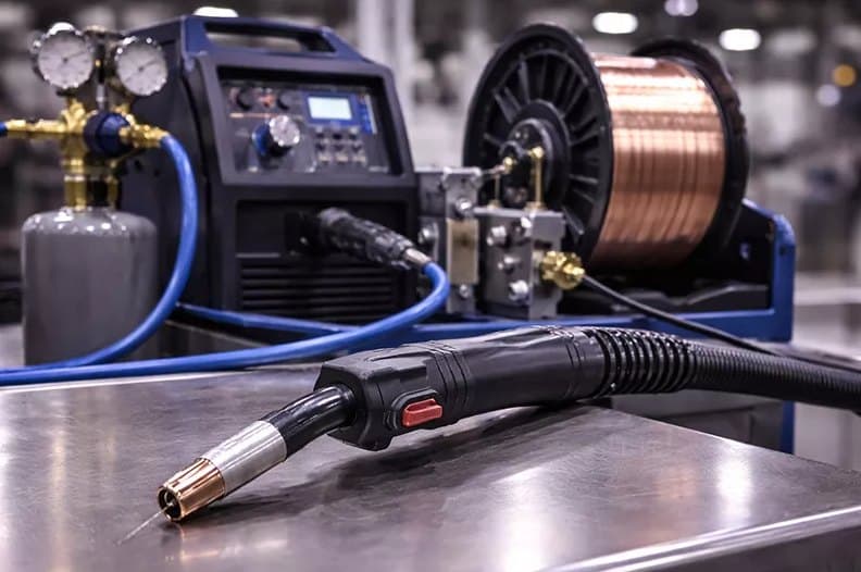 MIG welding setup with wire feed and torch